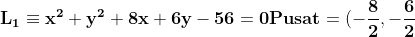 \\\mathbf{L_1\equiv x^2+y^2+8x+6y-56=0} \\\mathbf{Pusat=(-\frac{8}{2},-\frac{6}{2})=(-4, -3)} \\\mathbf{r_1=\sqrt{\frac{8^2+6^2}{4}-(-56)}=\sqrt{25+56}=\sqrt{81}=9} \\\\ \\\mathbf{L_2\equiv x^2+y^2-8x-6y-24=0} \\\mathbf{Pusat=(-\frac{-8}{2},-\frac{-6}{2})=(4, 3)} \\\mathbf{r_2=\sqrt{\frac{8^2+6^2}{4}-(-24)}=\sqrt{25+24}=\sqrt{49}=7}